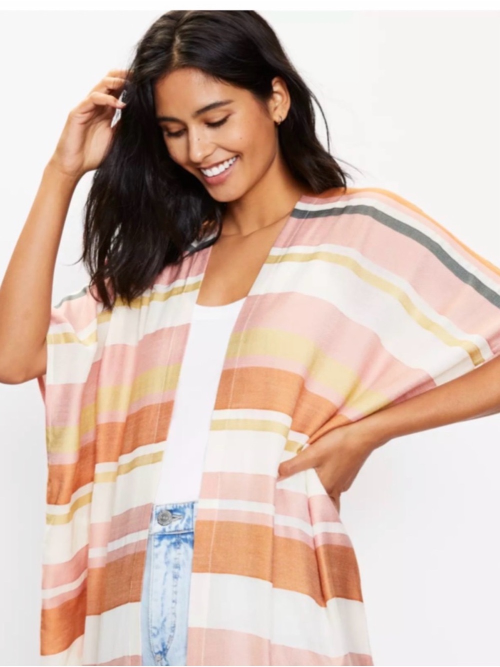 Loft Striped Pink Striped Long Kimono Swim Cover up Duster Open Cardigan #430